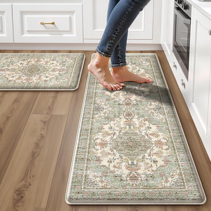 Boho Kitchen Mats for Floor 2 Piece Set Anti Fatigue Cushioned PVC Kitchen Rugs Non Slip Waterproof Farmhouse Mats 2/5 Inch Comfort Standing Mat for Laundry, 17.3"x59"+17.3"x28", Green Orange Beige