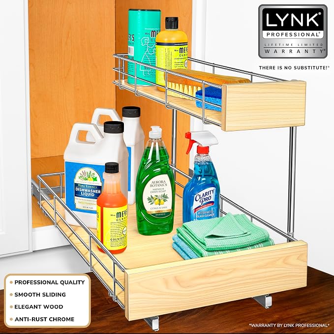 LYNK PROFESSIONAL® SELECT™ Pull Out Under Sink Kitchen Cabinet Organizer - 11.5 in. x 21 inch deep Drawer - Sliding Shelf Organizer and Undersink Storage Shelves - Lifetime Ltd. Warranty – Chrome