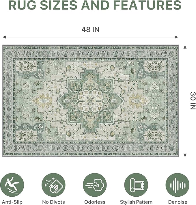 30"x48" Office Chair Mat for Hardwood Tile Floor, Under Desk Carpet Protector for Rolling Computer Chair Mat, Machine Washable Area Rug, Anti-Slip 1/5" Thick Low Pile Thin Vinyl Floor Mat, Green