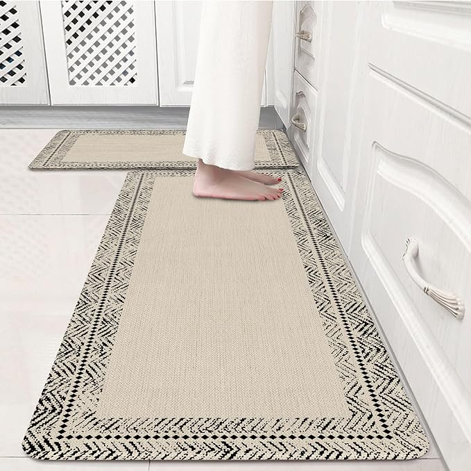 Black Vintage Boho Elegance Frame Kitchen Rug Sets [2 PCs], Anti-Fatigue, Waterproof Non-Slip Kitchen Mats Heavy Duty Comfort Foam Rug for Kitchen, Floor, Laundry,17"x29"+17"x47"