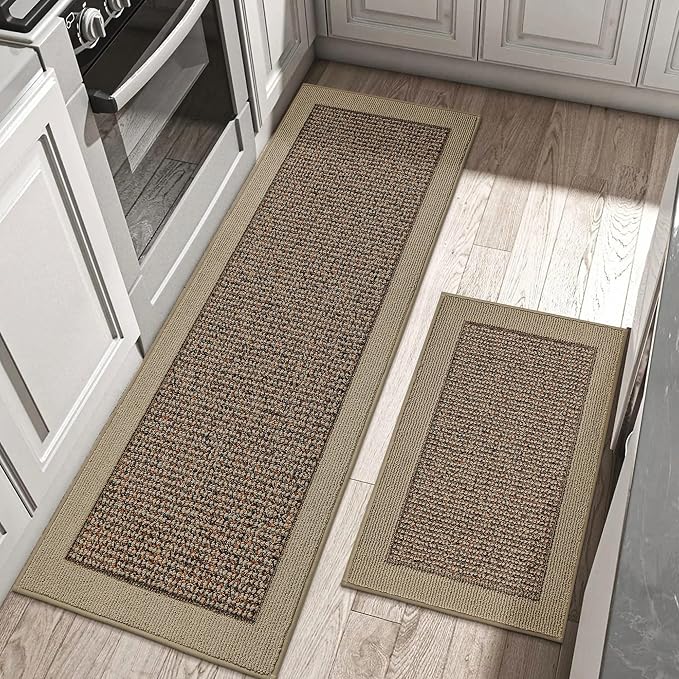 BEQHAUSE Kitchen Rugs and Mats Set of 2 Non-Slip Kitchen Mats for Floor, Absorbent and Stain Resistant Kitchen Runner, Machine Washable Rugs for Kitchen, Laundry & Sink, 24"x36"+24"x60", Taupe