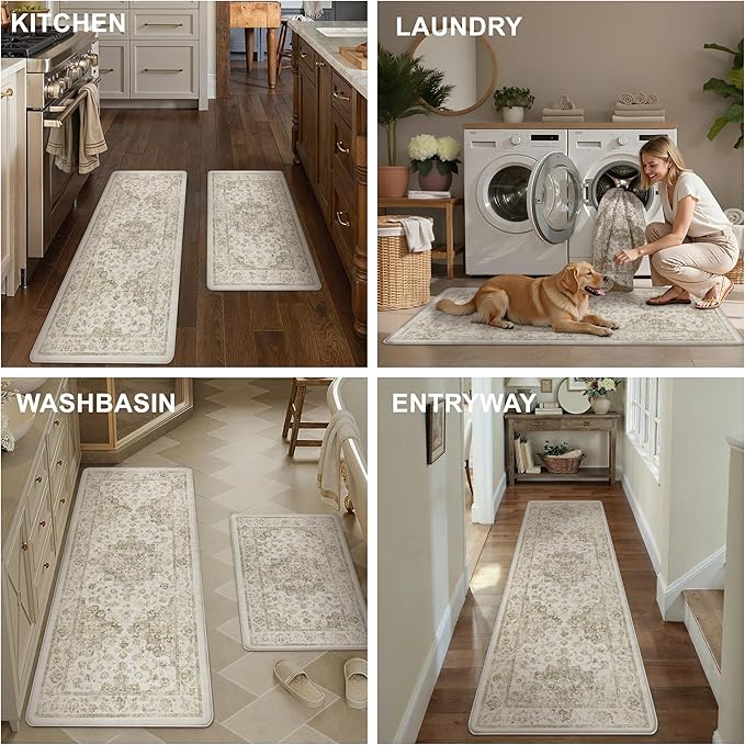 Anti Fatigue Kitchen Mats 2PCS Brown Neutral Mats for Cushioned Vintage Kitchen Matss for Floor Non-Slip Waterproof Comfort Standing Rug for Sink Laundry Office 17.3"×47"+17.3"×30"
