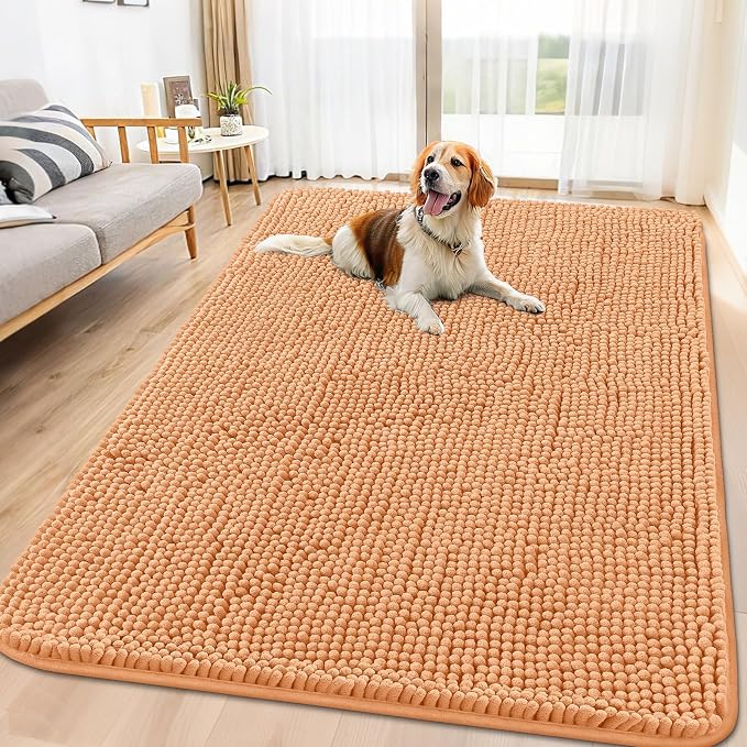 Smiry Dog Door Mat for Muddy Paws 71x46, Absorbent Dirt Trapper, Non-Slip Washable Chenille Entryway Rug for Inside Floor, Orange, Classic Solid