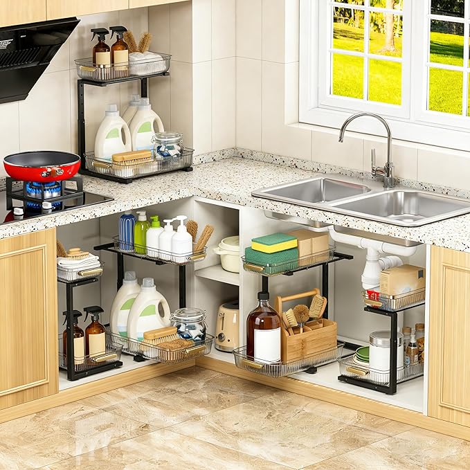 ARSTPEOE Under Sink Organizer - 2 Packs Multi-Purpose Pull-Out Storage Organizers, Slide out Pull out Cabinet Organizer Shelf, Storage for Kitchen Bathroom, Clear