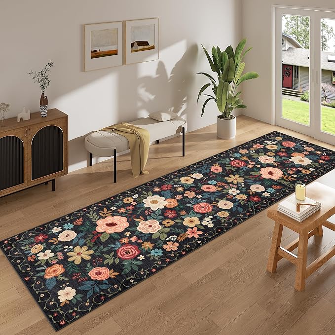 DUKINO 3x12 Washable Runner Rug, Non Slip Soft Floral Hallway Runner Rug with Non Shedding Design, Low Pile Long Floor Carpet for Kitchen, Hallway, Bathroom, Entryway, Laundry, Black