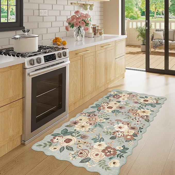 DUKINO 2x4 Washable Runner Rugs, Non Slip Floral Print Entryway Rug with Soft Low Pile, Lightweight Mat for Living Room, Bathroom, Bedroom, Kitchen, Sage Green