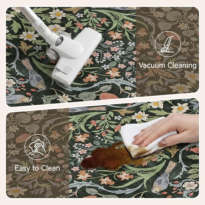 PureCozy Kitchen Mats for Floor 2PCS Anti Fatigue Cushioned Mat Non Slip Comfort Kitchen Rugs Vintage Floral Waterproof Standing Dark Green Mat for Sink Laundry Office Desk 17.3"x59"+17.3"x30"
