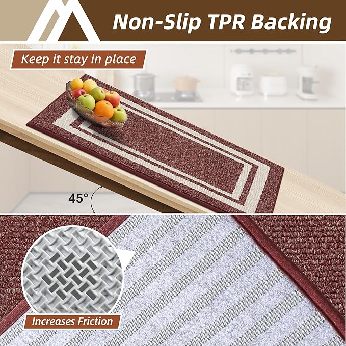 COSY HOMEER Kitchen Rugs Non-Slip 24x35/24x60 Inch Thick Polypropylene Standing Mat for Home Machine Washable, Red Frame