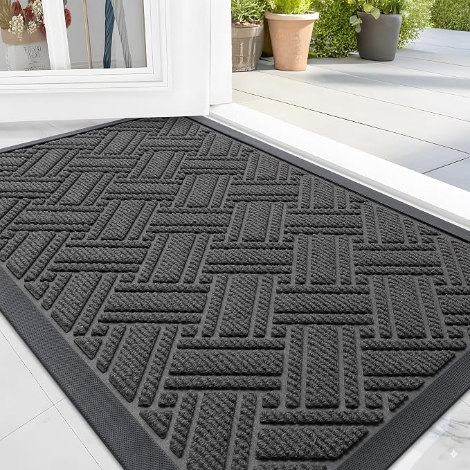 OLANLY Indoor Outdoor Mat, Sturdy Natural Rubber Floor Mat, Non Slip Low Profile Waterproof Doormat, and Stain Front Door Mats, Easy Clean Patio Entrance Mat, 36''x24'', Light Grey