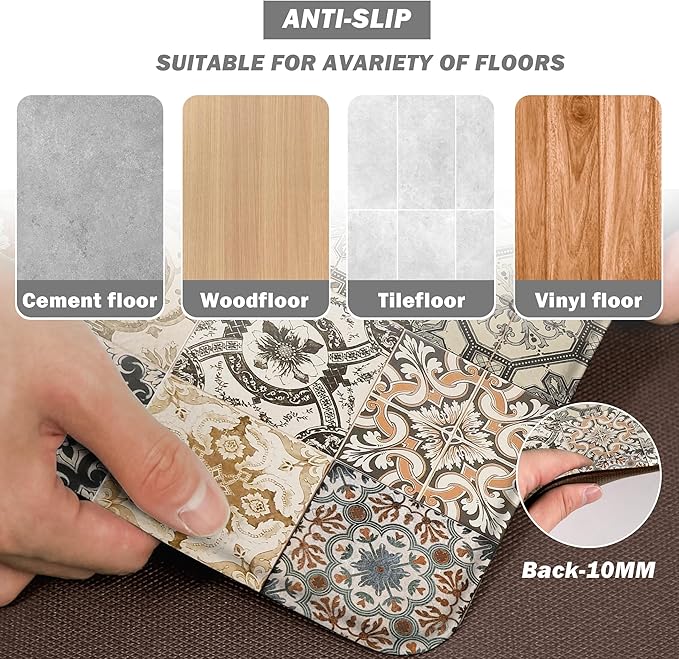 Boho Kitchen Rugs Set 2 Memory Foam Colorful Ceramic Comfort Tile Floor Mat Anti Fatigue Non-Skid PVC Runner Rug Water & Oil Proof Carpet for Kitchen Laundry Sink,17.3x28+17.3x47 Inch, C3