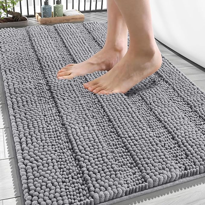 OLANLY Thick Bathroom Rugs 34x21, Extra Soft Absorbent Chenille Striped Bath Rugs, Rubber Backing, Machine Wash Dry, Bath Mats for Bathroom Floor, Tub and Shower, Home Decor Accessories, Grey