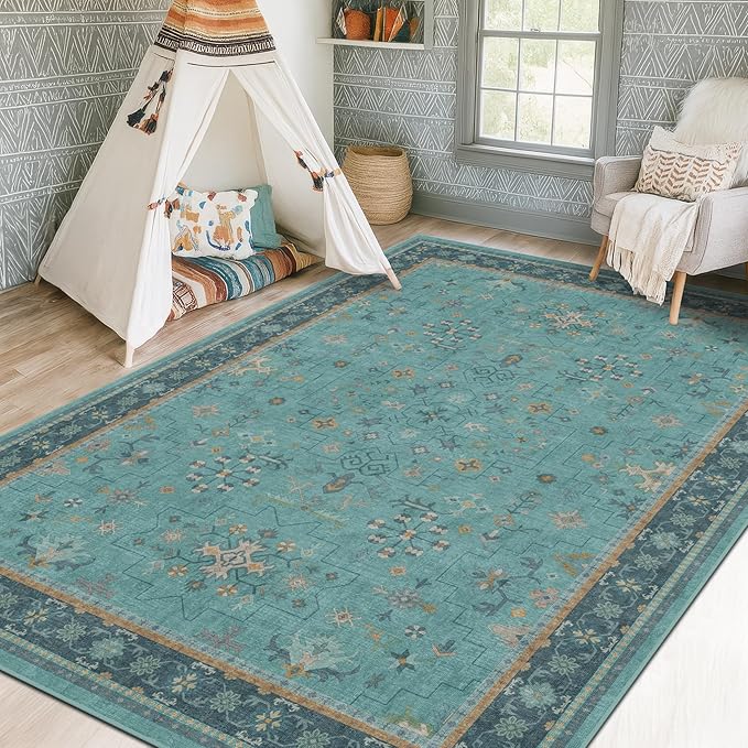 Large Boho 8x12 Teal Green Washable Living Room Rug - Vibrant Turquoise Rug for Bedroom Under Bed, Dining Room Under Table, Geometric Floral Low Pile & Soft Stain Resistant Carpet