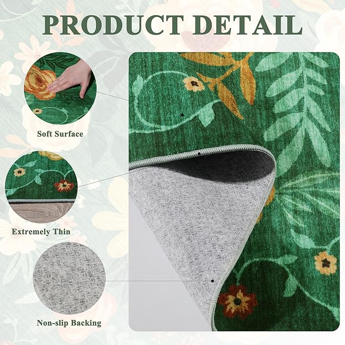 DUKINO 5x7 Area Rug, Floral Rugs for Living Room, Lightweight Non Slip Washable Rug, Indoor Low Pile & Non-Shedding Boho Design Rugs for Bedroom, Playroom, Dining Room, Dark Green