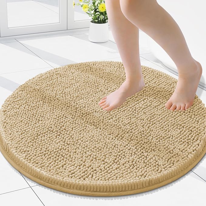 Smiry Luxury Chenille Round 24x24, Extra Soft and Absorbent Shaggy Bathroom Mat Rugs, Machine Washable, Non-Slip Plush Carpet for Tub, Shower, and Bath Room, Beige