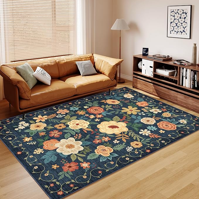 DUKINO 9x12 Area Rug, Floral Rugs for Living Room, Lightweight Non Slip Washable Rug, Indoor Low Pile & Non-Shedding Boho Design Rugs for Bedroom, Living Room, Dining Room, Dark Blue
