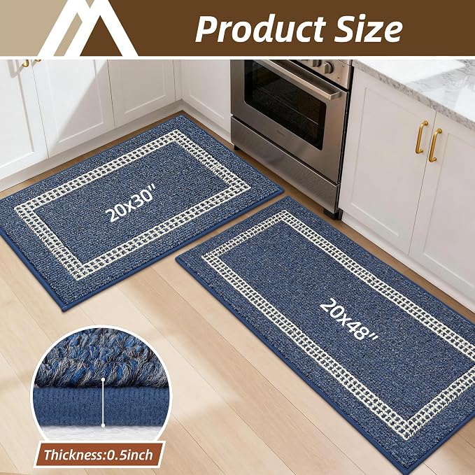 COSY HOMEER Kitchen Rugs Non-Slip 20x30/20x48 Inch Thick Polypropylene Standing Mat for Home Machine Washable, Blue