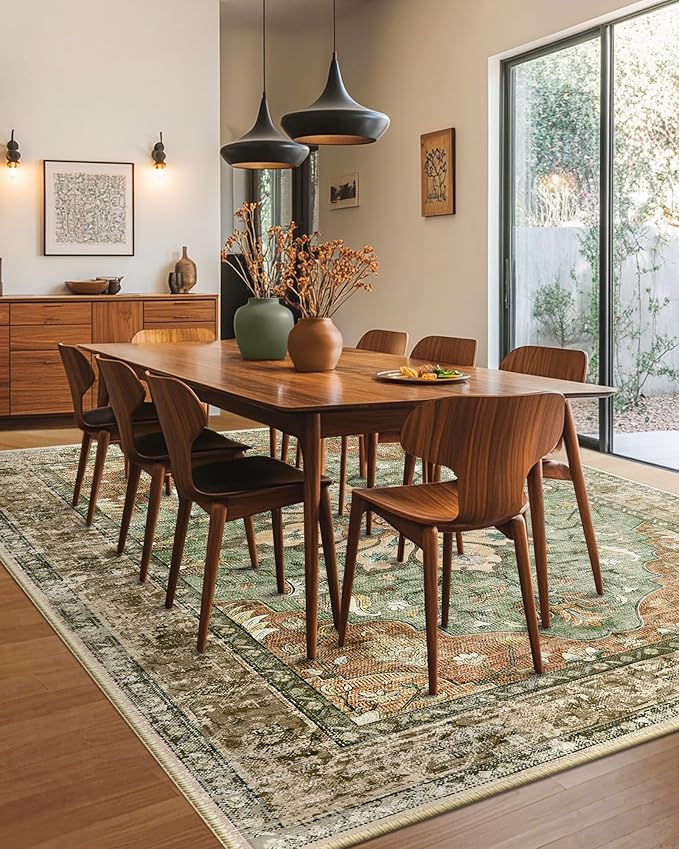 RELEANY Area Rugs 6'x9' Washable Non-Slip, Floral Vintage Distress Medallion Carpet for Living Room Bedroom Dining Room, Terracotta Burnt Orange Green