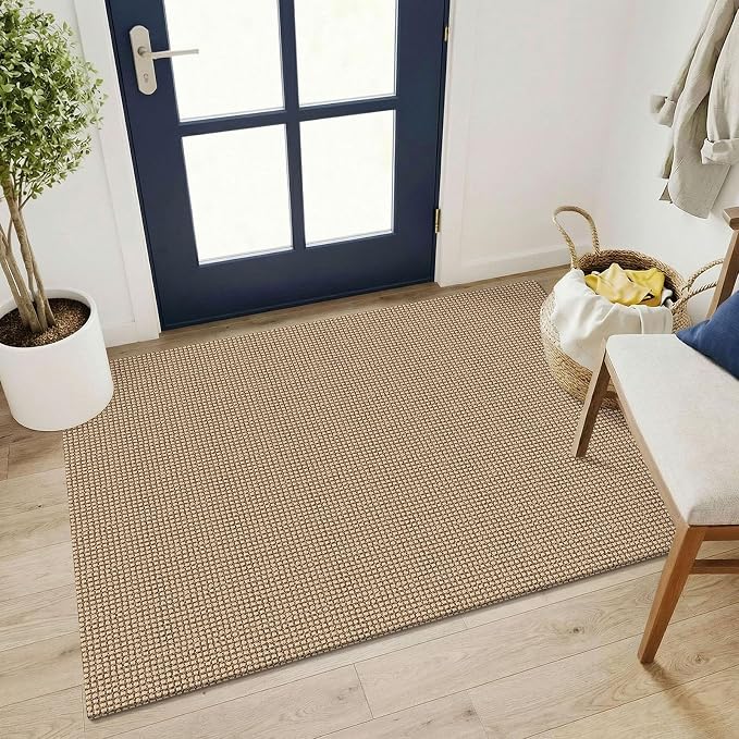 KOZYFLY Washable 3x4 Woven Entry Area Rug, Braided Throw Rugs for Entryway, Non Slip Door Mat Indoor Outdoor Entrance, Front Porch Foyer Carpet for Kitchen, mudroom, Bathroom, Orange Beige/Tan/Brown