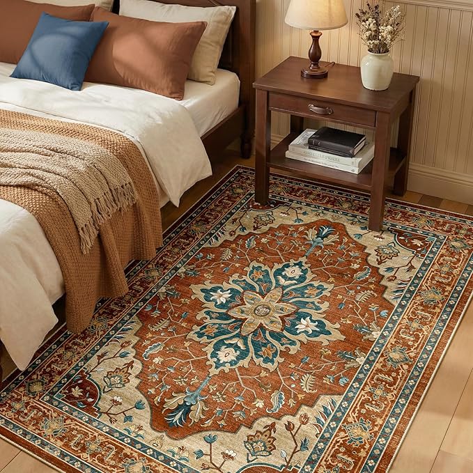 RELEANY Area Rugs 3'x5' Washable Non-Slip, Floral Vintage Distress Medallion Carpet for Living Room Bedroom Dining Room, Red Orange Blue Brown