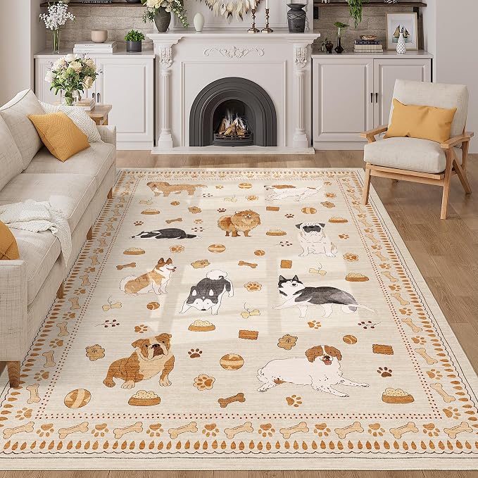 DUKINO 6x9 Rug for Living Room, Lightweight Animal Dog Print Washable Area Rug, Non Slip & Low Pile Floor Mat, Stain Resistant Large Carpet for Bedroom, Nursery, Farmhouse, Kids Playroom, Beige Yellow