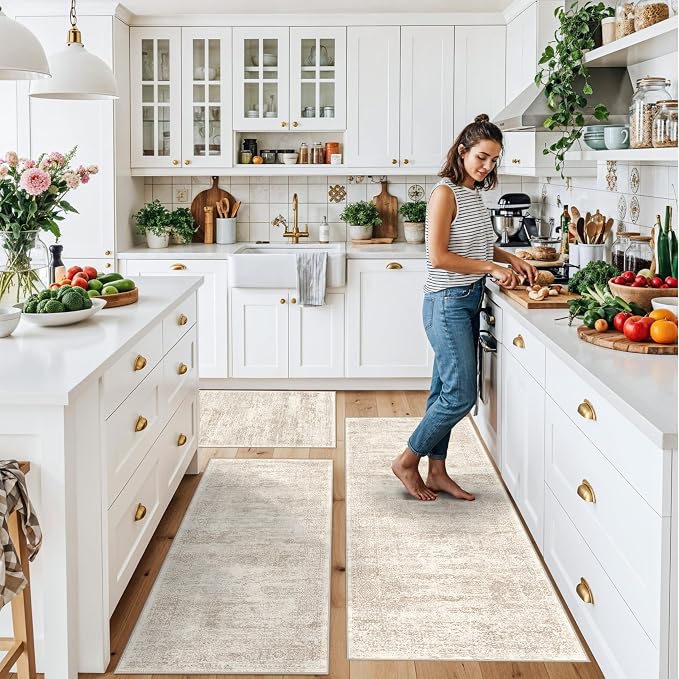 Kitchen Rug Sets 3 Piece Washable – Non Slip Modern Boho Small Kitchen Rugs and Runner Set for Sink Entryway Bathroom Hallway – Soft Low Pile Floor Mats (Cream Beige, 2x3+2x4+2x5)