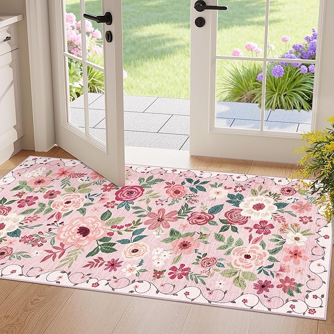 DUKINO 2x4 Rug for Entryway, Washable Kitchen Floral Runner Rug with Non Slip Backing, Low Pile Soft Boho Carpet for Kitchen, Hallway, Entryway, Laundry, Bedroom, Pink
