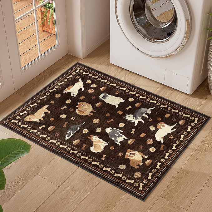 DUKINO 2x3 Entryway Rug, Washable Small Door Mat Indoor Entance Lightweight Area Rug with Non Slip, Low Pile & Non Shedding Animal Dog Throw Carpet for Kitchen, Bathroom, Bedroom, Kids Room, Brown
