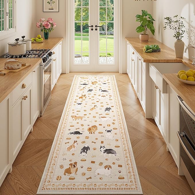 DUKINO 2x10 Runner Rug for Hallway, Washable Animal Dog Print Kitchen Rug with Low Pile, Soft Non Slip Indoor Non Shedding Long Carpet Runner for Entryway, Bedroom, Bathroom, Laundry, Beige Yellow