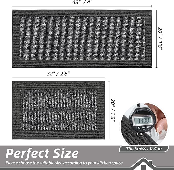 BEQHAUSE Kitchen Rugs and Mats Set of 2 Non-Slip Kitchen Mats for Floor, Absorbent and Stain Resistant Kitchen Runner, Machine Washable Rugs for Kitchen, Laundry & Sink, 20"x32"+20"x48", Charcoal