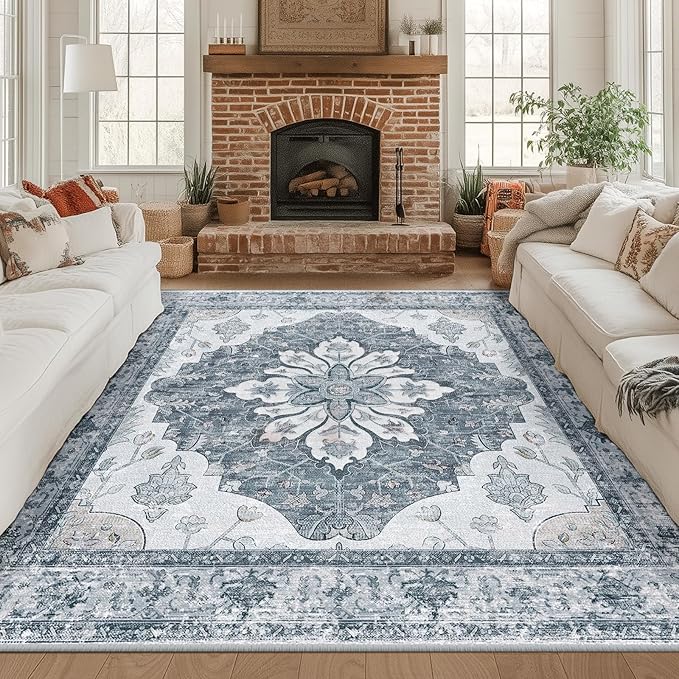 RELEANY Area Rugs Square 8ft Washable Non-Slip, Floral Vintage Distress Medallion Carpet for Living Room Bedroom Dining Room, Light Gray Grey White