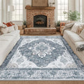 RELEANY Area Rugs Square 8ft Washable Non-Slip, Floral Vintage Distress Medallion Carpet for Living Room Bedroom Dining Room, Light Gray Grey White