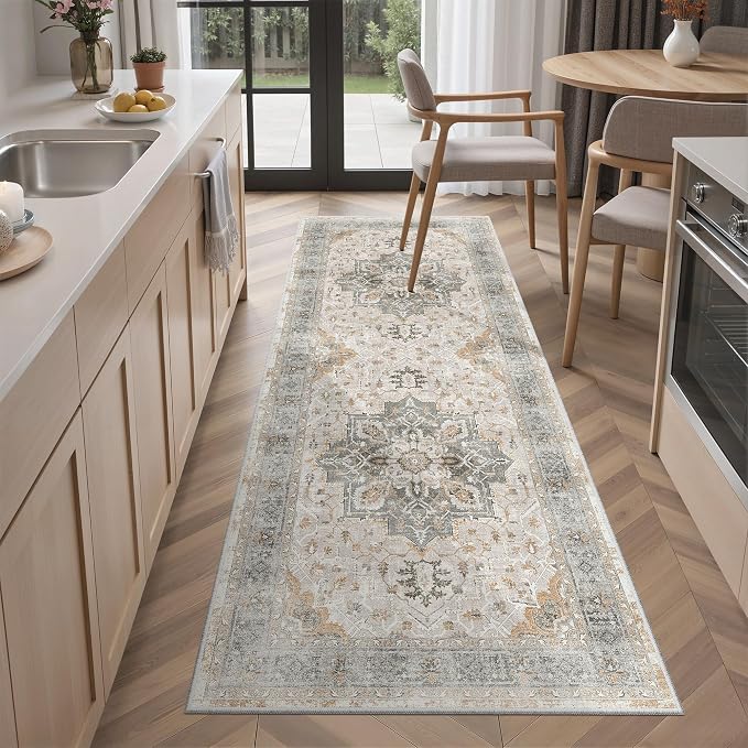 Madane Washable Runner Rug - 2x6 Rug Runners for Hallways 6 Foot Non Slip Vintage Kitchen Runner Rug Ultra-Thin Bathroom Runner Rugs Carpet Laundry Room Bedroom (2x6ft, Light Taupe Brown)