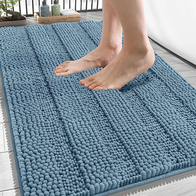 OLANLY Thick Bathroom Rugs 34x21, Extra Soft Absorbent Chenille Striped Bath Rugs, Rubber Backing, Machine Wash Dry, Bath Mats for Bathroom Floor, Tub and Shower, Home Decor Accessories, Airy Blue