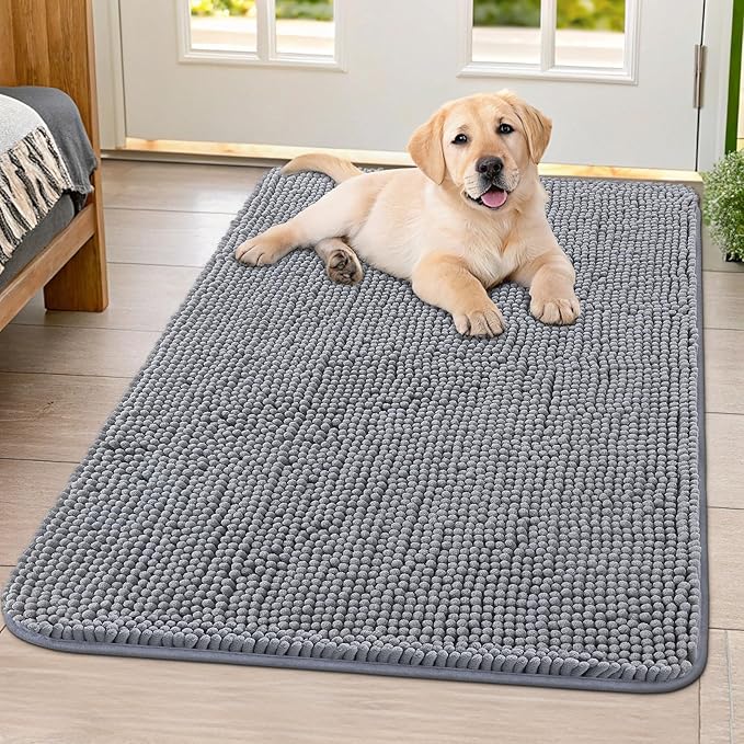 Smiry Dog Door Mat for Muddy Paws 40x32, Absorbent Dirt Trapper, Non-Slip Washable Chenille Entryway Rug for Inside Floor, Grey, Classic Solid