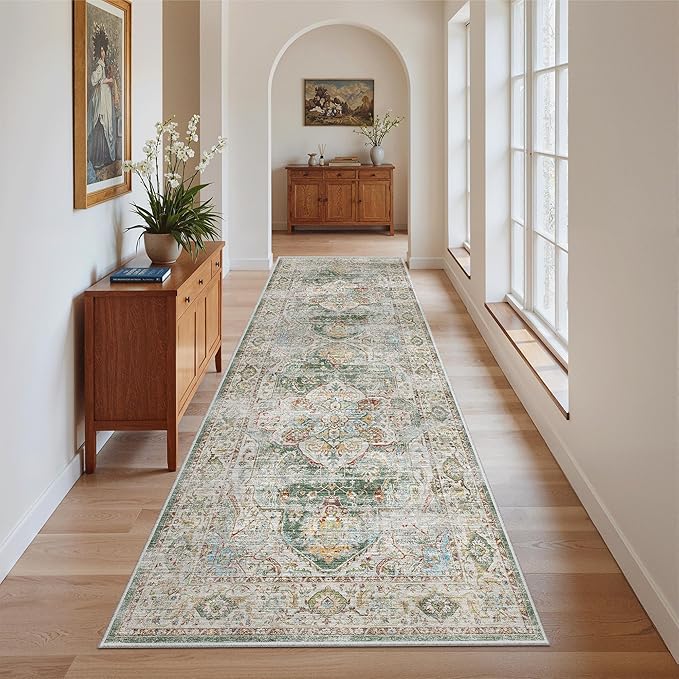 Madane Runner Rug 2'6''x8' Kitchen Runner, Hallway Runner Printed Vintage Washable Rugs Soft Non-Slip Low Pile Runners for Hallways Laundry Room Rug Distressed Rug, Green