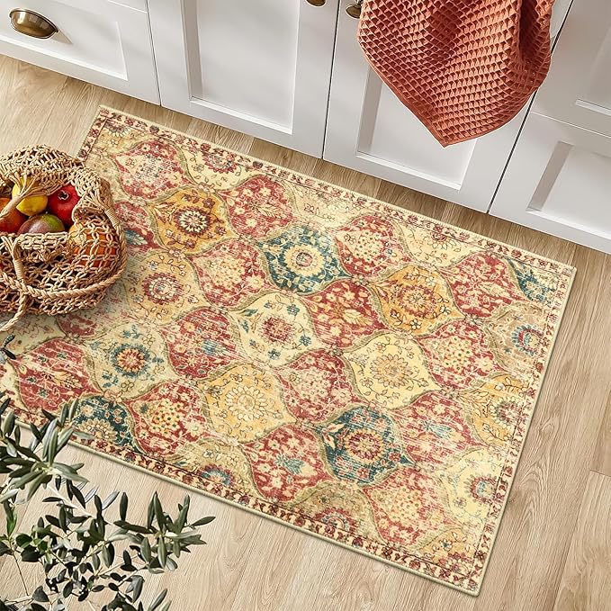 Lahome Moroccan Trellis Washable Rug, 2x3 Bathroom Rugs for Kitchen Entryway, Non-Slip Indoor Door Mat Ultra-Thin, Small Oriental Throw Carpet for Bedroom Entry Elise, Red/Orange