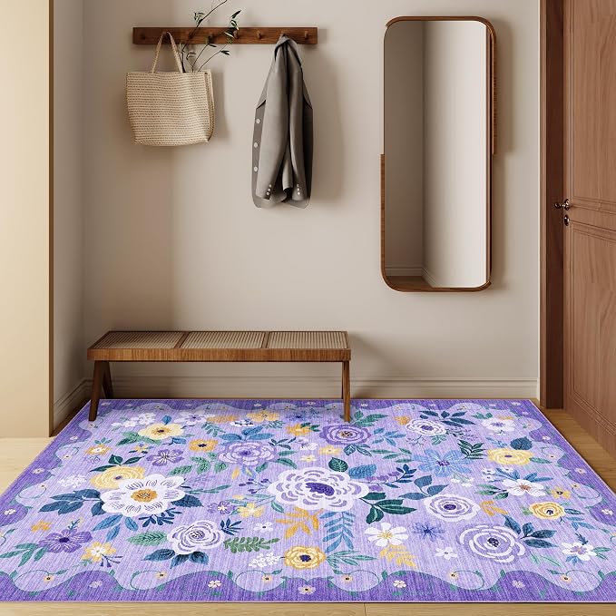 DUKINO 3x5 Area Rug, Floral Rugs for Living Room, Lightweight Non Slip Washable Rug, Indoor Low Pile & Non-Shedding Boho Design Rugs for Bedroom, Living Room, Dining Room, Purple
