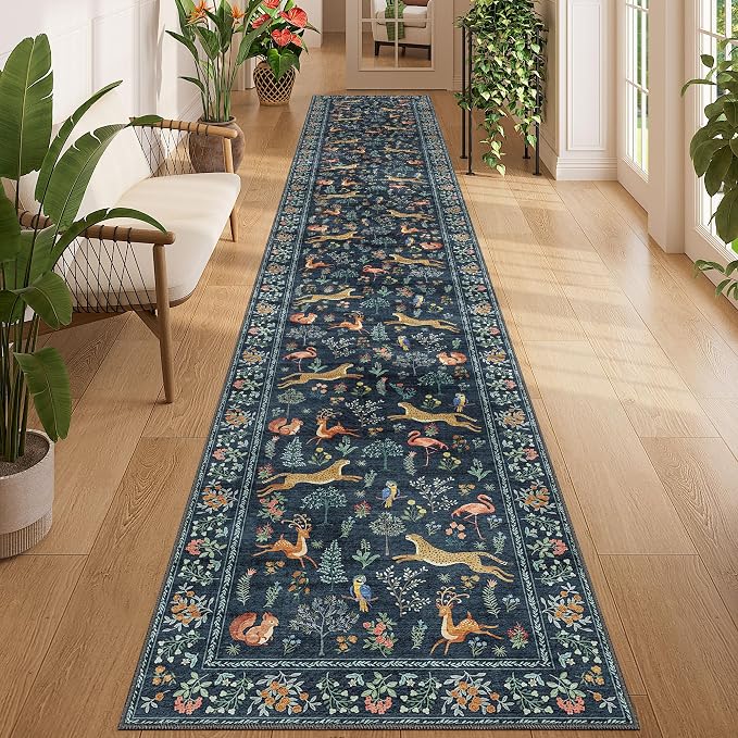 DUKINO 2x12 Washable Runner Rug, Ultra Soft Vintage Animal Runner Rug for Hallway, Lightweight Non Slip & Non Shedding Long Carpet for Kitchen, Laundry Room, Bathroom, Bedroom, Entrance, Navy Blue