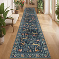 DUKINO 2x12 Washable Runner Rug, Ultra Soft Vintage Animal Runner Rug for Hallway, Lightweight Non Slip & Non Shedding Long Carpet for Kitchen, Laundry Room, Bathroom, Bedroom, Entrance, Navy Blue