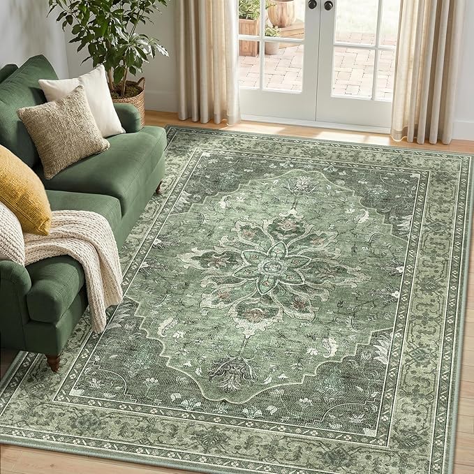 RELEANY Area Rugs 5'x8' Washable Non-Slip, Floral Vintage Distress Medallion Carpet for Living Room Bedroom Dining Room, Dark Green Gray