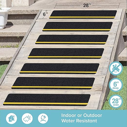 LifeGrip Anti Slip Traction Treads with Reflective Stripe (5-Pack), 6" X 28", Best Grip Tape Grit Non Slip, Outdoor Non Skid Tape, High Traction Friction Abrasive Adhesive for Stairs Step, Black