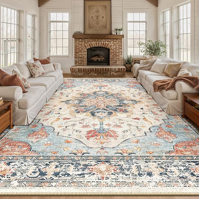 RELEANY Area Rugs Large 10'x12' Washable Non-Slip, Floral Vintage Distress Medallion Carpet for Living Room Bedroom Dining Room, Beige Navy Blue Orange Colorful