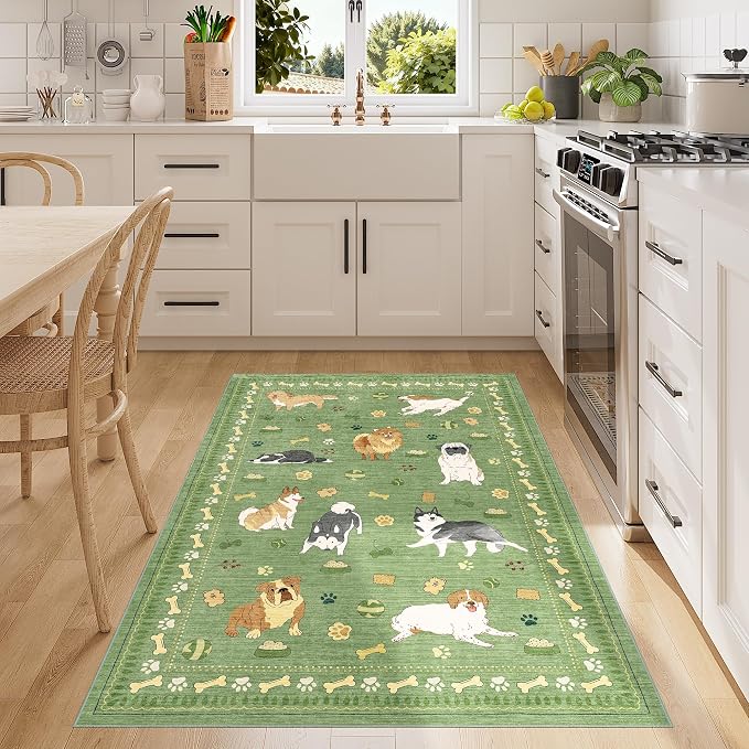 DUKINO 3x5 Area Rug, Lightweight Washable Entryway Rug with Non Slip & Low Pile, Soft Non Shedding Animal Dog Print Pattern Indoor Throw Carpet for Bedroom, Kitchen, Bathroom, Kids Room, Office, Green