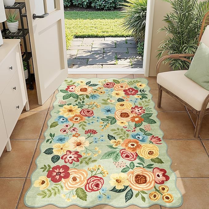 DUKINO 3x5 Area Rug, Floral Non-Slip Indoor Washable Rug with Low Pile & Non-Shedding, Lightwight Boho Design Carpet for Entryway, Bedroom, Kids Room, Living Room, Kitchen, Green