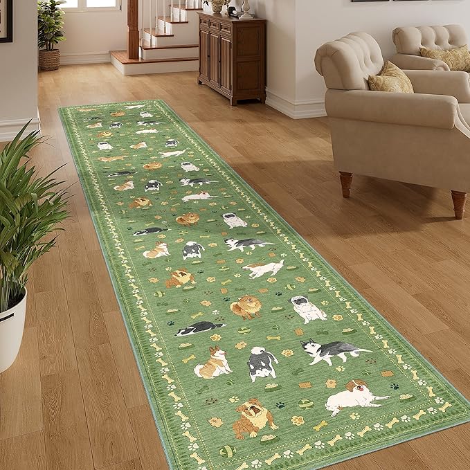 DUKINO 2x10 Runner Rug for Hallway, Washable Animal Dog Print Kitchen Rug with Low Pile, Soft Non Slip Indoor Non Shedding Long Carpet Runner for Entryway, Bedroom, Bathroom, Laundry, Green