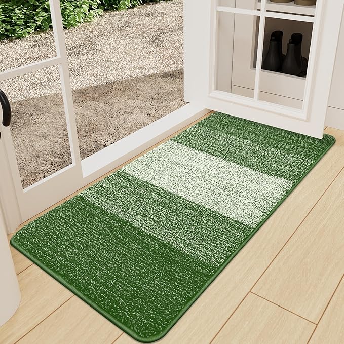 Kitinjoy Indoor Outdoor Door Mat, 71x24 Non-Slip Absorbent Dirt Trapper, Low-Profile Washable Inside Entrance Front Floor Mat, Sturdy Soft Entry Doormats for Entryway, Green