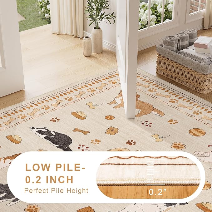 DUKINO 8x10 Area Rug, Non Slip Washable Animal Dog Rug for Living Room, Stain Resistant & Low Pile Indoor Floor Large Carpet for Bedroom, Farmhouse, Nursery, Dining Room, Kids Playroom, Beige Yellow