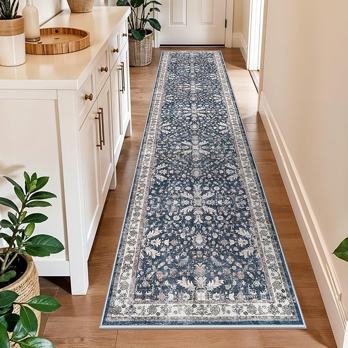 Washable Hallway Runner Rug 2x10: Non Slip Vintage Boho Carpet with Rubber Backing for Kitchen Entryway Hall Holiday Farmhouse Neutral Cream Long Runners (Blue,2'x10')