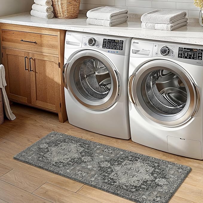 GENIMO Kitchen Mats for Floor 2PCs, Washable Anti Fatigue Mat for Cushioned, 17.3"x47"+17.3"x30", Waterproof Kitchen Rugs, Non Slip Comfort Standing Mat Rug for Home, Sink, Laundry, Dark Gray