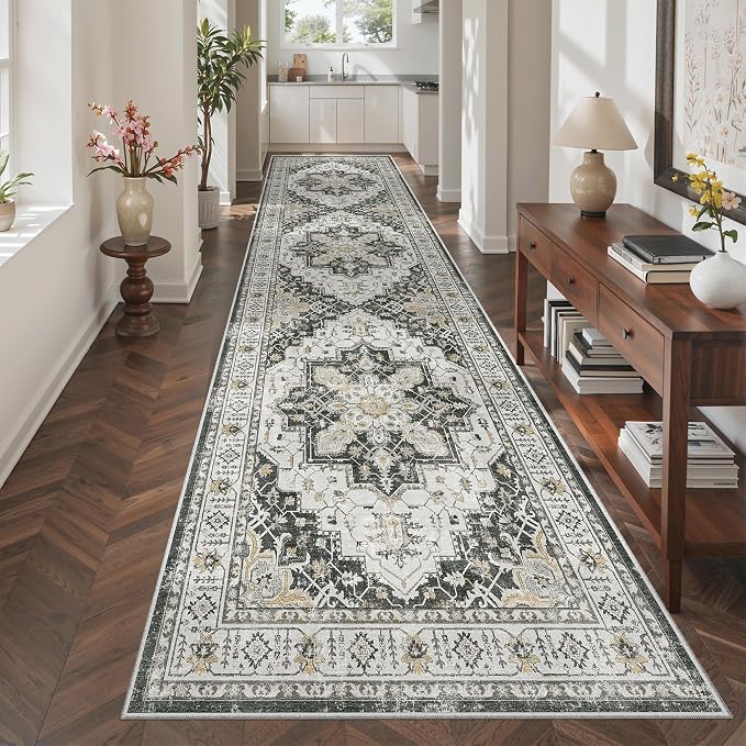 Madane Hallway Rug 3x10, Kitchen Rugs Washable Entryway Rug Vintage Kitchen Runners Non Slip Indoor Area Rug Farmhouse Carpet Runner for Bathroom Living Room Bedroom, Black